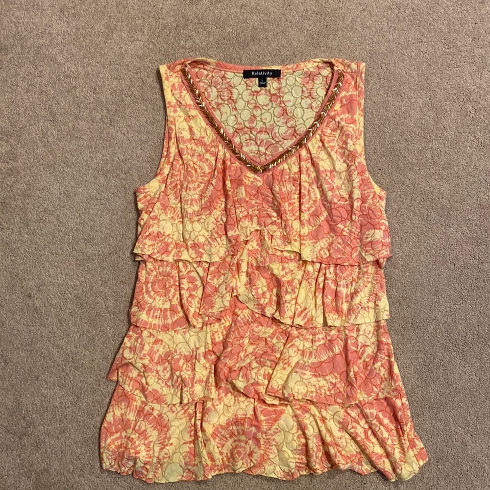 Relativity two-tone orange beaded V-neck Flowey tank NWT Size L